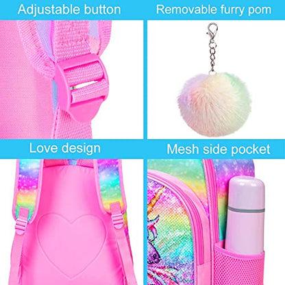 gxtvo 3PCS Girls Backpack, 16" Sequin Prechool Elementary Bookbag and Lunch Box - color: Unicorn Pink02