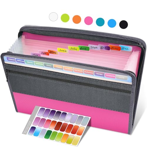 Sooez Accordion File Organizer with Safe Zipper, 12 Pocket Expanding File Folder with Front Pencil Pouch, Portable Monthly Paper Bill Tax Receipt Organizer, School Office Supplies, Letter Size, Pink - color: Pink, style: 12 Pockets