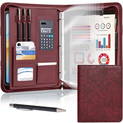 Leathario Portfolio Binder, Includes 5 Sheet Protectors and a Pen, 13 Inch Tablets Organizer, Vegan Leather A4 Padfolio, Multi-Pocket Notepad Business Planner Professional Document - color: Relief Red