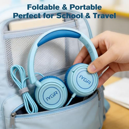 K6C Kids Headphones with USB-C, for Toddler & Kids Ages 2-12, 85dB Safe Volume Limited, Adjustable Headband & Foldable Wired, On-Ear Headphones for School, Travel, Tablet, iPad - color: Cyan