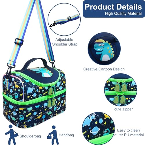 RHCPFOVR Kids Lunch Bag - Double - Decker Cooler Insulated Lunch Box for Boys Girls,Washable Lunch Bag with Strap and Reusable Toddler Lunchbox for School and Daycare - color: Dark Blue Dinosaur