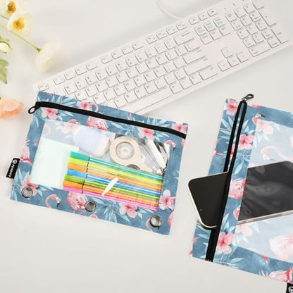 Fustylead Beautiful Pink Flamingos and Floral Leaves Pencil Pouch Fits Standard 3-Ring Binders, Zipper Binder Pencil Bag with Clear Window for School Office Cosmetic 2 Pack - color: Blue02 Flamingo