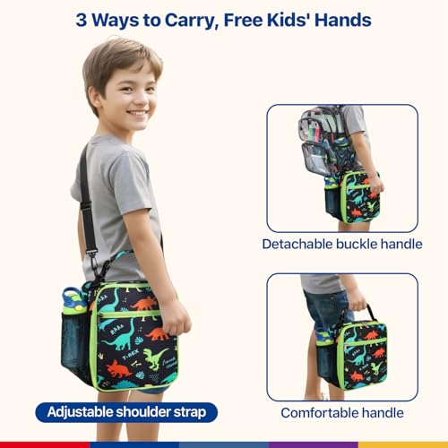 Bagseri Kids Lunch Bag with Shoulder Strap - Insulated School Lunch Box | Easy Carry Handle, Leak Proof, Water Bottle Holder, Roomy Toddler Lunch Box for Snacks, Drinks, Picnics, Trip, Black Dinosaur - color: B Black Dinosaur, size: Crossbody Strap Series