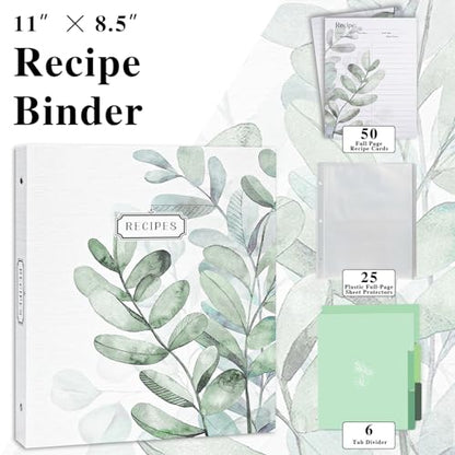 3 Ring Binder - 8.5x11, Full Page Recipe Binder Organizer Set with 25 Recipe Cards & 6 Divider Pages - color: Leaves, size: Large
