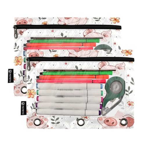 SUABO Flower and Pig Pencil Pouch for 3 Ring Binder, 2 PCS Binder Pencil Pouch with Zipper, Clear Window Zipper Pencil Case Pencil Bags for Office Supplies - color: Pig