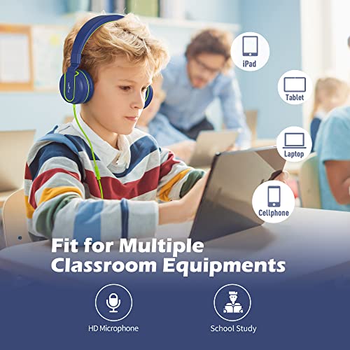 AILIHEN Kids Headphones, I35 On-Ear Headphones for School, Safe Volume 93dB, HD Mic Stereo Headphone for Kid Girls Boys, Foldable 3.5mm Wired for Chromebook, Laptop, Computer, Tablet (Blue Green) - color: Blue Green