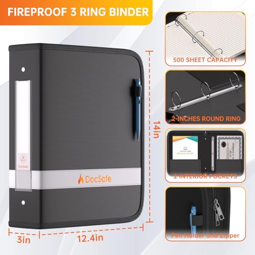 DocSafe 3 Ring Binder with Zipper,Fireproof 2 Inch Round Ring Binder with 2 Interior Pockets,PVC-Free,Portable School Office Home Safe Storage for Letter Size 8.5'' x 11'' Paper Photos Cards Black - size: 2 Inch