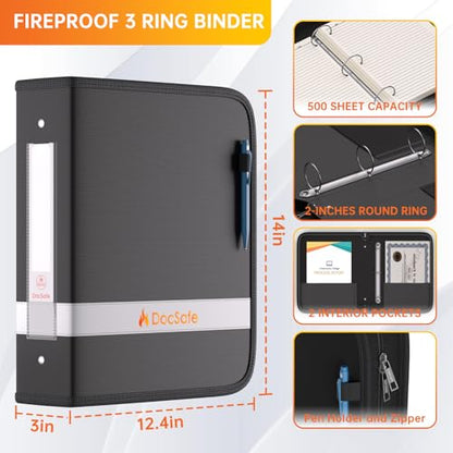 DocSafe 3 Ring Binder with Zipper,Fireproof 2 Inch Round Ring Binder with 2 Interior Pockets,PVC-Free,Portable School Office Home Safe Storage for Letter Size 8.5'' x 11'' Paper Photos Cards Black - size: 2 Inch