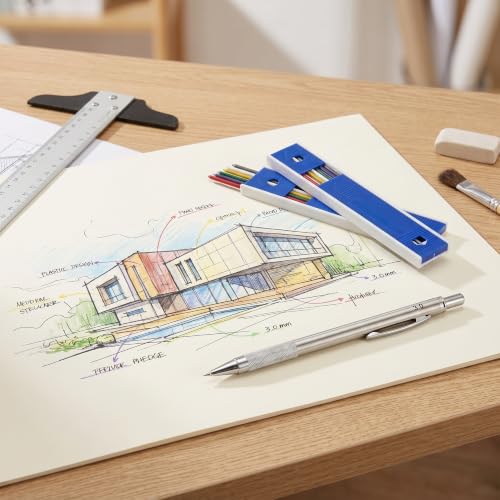 Stainless Steel Clutch Pencil with 3.0mm Lead Refill, Metal Sketching Pencil Set for Architectural Sketching and School Use, Stable Writing Drafting Tool for Artists and Students