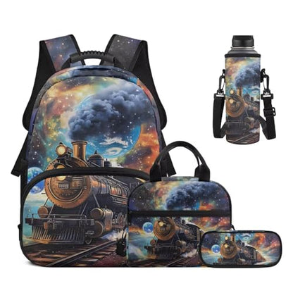 Children 4 Piece School Backpack Bundle - Retro Steam Train Pattern Bookbag Set Includes with Insulated Lunch Box, Pencil Case & Water Bottle Holder for Boys Primary - color: Retro Steam Train Pattern