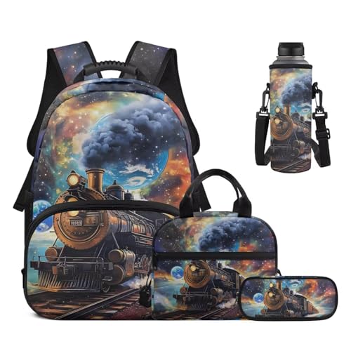 Children 4 Piece School Backpack Bundle - Retro Steam Train Pattern Bookbag Set Includes with Insulated Lunch Box, Pencil Case & Water Bottle Holder for Boys Primary - color: Retro Steam Train Pattern