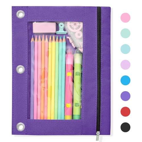 SUNEE Pencil Pouch for 3 Ring Binder, Large Zipper Pencil Case with Clear Window, 3 Reinforced Grommets, Binder Accessories for School and Office Supplies Storage, Purple - color: Purple