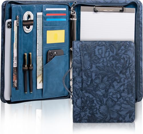 Dark Blue Embossed Portfolio,Business Zipper Binder with Handle,3 Ring Binder with Zipper 1 inch,PU Leather Portfolio,A4 Planner Folder with Laptop Pocket, Professional Organizer for Resume/Interview