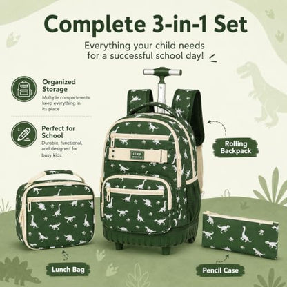HPJGD 3PCS Dinosaur Roller Backpack for Boys, Kids Rolling Bookbag, Water Resistant Wheeled School Bag Set with Lunch Box - color: Green Dinosaur Rolling Set