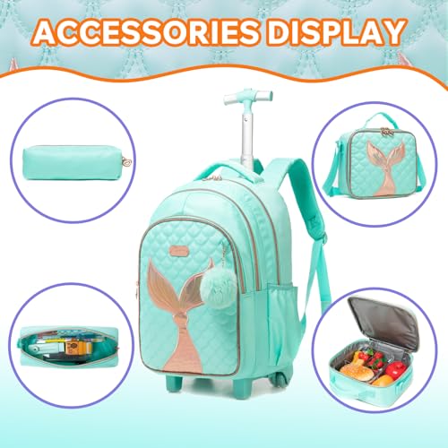 Kids Rolling Backpack for Girls Trolley Suitcases Luggage Travel with Wheels Bookbag Wheeled 17" 3PCS Roller Backpacks Toddler Back Pack School Bags Set for Elementary Mermaids Green - color: 5225-yuweiba-green
