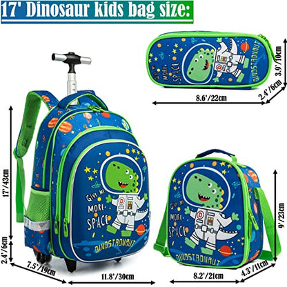 School Bags Kids Rolling Dinosaur Backpack With Wheels Trolley - 3PCS Boys Cat Backpack With Lunch Box Blue - color: Blue-220223-2-l