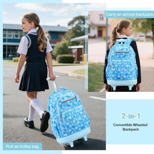 ACESAK Rolling Backpack for Girls - Roller Wheels School bag with Lunch Bag & Pencil Pouch for Teen Girls Kids Wheeled Suitcase Backpacks, Elementary Middle School Travel Daypack (Blue Daisy) - color: Blue Daisy