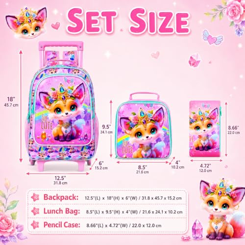 3Pcs Rolling Backpack for Girls, Kids Roller School Backpack with Wheels, Fox Wheeled Bookbag for Elementary Preschool Kindergarten(Pink) - color: Fox Yellow