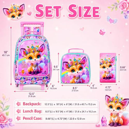 3Pcs Rolling Backpack for Girls, Kids Roller School Backpack with Wheels, Fox Wheeled Bookbag for Elementary Preschool Kindergarten(Pink) - color: Fox Yellow