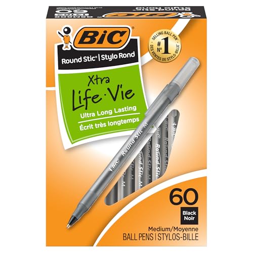BIC Round Stic Xtra Life Ballpoint Pen, Ultra Long Lasting and Consistent Ink Flow, 60-Count in Black Ink - color: Black, size: 60 Count (Pack of 1)