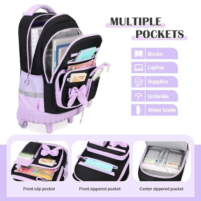 DIGOBAY Rolling Backpack for Girls, Cute Roller School Bag with Wheels, Kids Wheeled Backpacks Set with Lunch Bag Pencil Case for Teen Girls Kindergarten Elementary Middle School - color: Black-purple