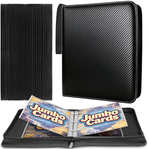 Jumbo Card Binder 100 Pockets for XL Jumbo Cards, Oversized Card Binder, QUBAMG PU Zipper Double Sided Binder Fits 5.7″ x 7.9″ Large Game Cards, Big Trading Card Collection Album Folder, Black - color: Black