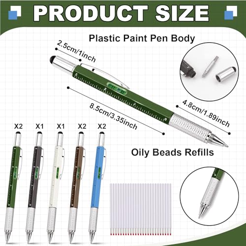 Zhanmai 8 Pcs 6 in 1 Multitool Pen Bulk Gift for Men Multi Tool Pen with Ruler Level Screwdriver Stylus Cool 20 Ink Refill Tool Gadget Birthday Christmas Stocking Stuffer (Green White Gray Blue Brown) - color: Army Green, White, Gray, Light Blue, Brown