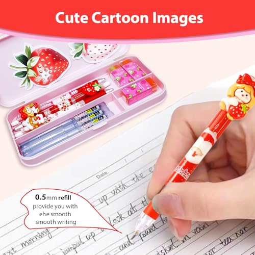 Cute Strawberry Mechanical Pencil Set Include 3Pcs Kawaii Mechanical Pencils,3 Tubes Mechanical Pencil Lead Refills,3Pcs Strawberry Erasers,Strawberry School Supplies for Office School Supplies