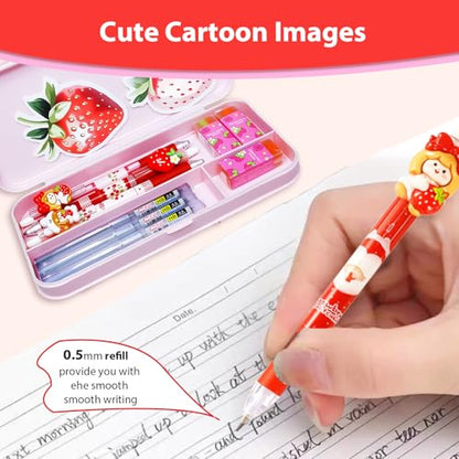 Cute Strawberry Mechanical Pencil Set Include 3Pcs Kawaii Mechanical Pencils,3 Tubes Mechanical Pencil Lead Refills,3Pcs Strawberry Erasers,Strawberry School Supplies for Office School Supplies