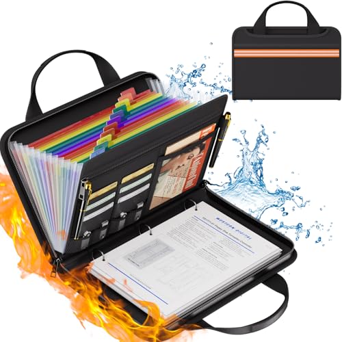 Fireproof Accordion File Organizer with Binder, 1 Inch D Rings Hold up 225 Sheets of 8.5" x 11", 13 Pocket Colorful Expanding File Folder with Zipper & Labels, Portable Travel Safe Storage - size: Letter Size, style: Orange Reflective Strip