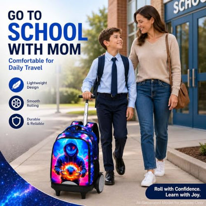 UFNDC Big Wheel Roller Bag, Water-Resistant Rolling Backpack for Boys with Lunch Box & Pencil Case, 3-Pack Kids Wheeled School Bookbag Travel Set - Devil Soccer - color: Rolling Backpack Devil Soccer Blue