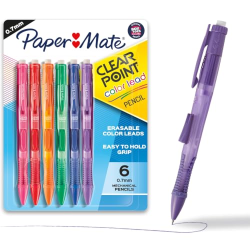 Paper Mate Clearpoint Mechanical Pencils, 0.7mm Color Lead, Erasable, Refillable, 6 Count - Vibrant Colors, Comfortable Grip, Fun Office Supplies