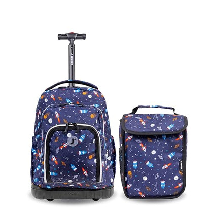 J World Lollipop Kids Rolling Backpack & Lunch Bag Set for Elementary School. Carry-On Suitcase with Wheels, Spaceship - color: Multicolor