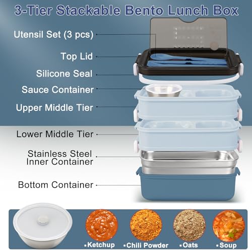 3-Tier Lunch Box for Men, Adult Lunch Box with Insulated Lunch Bag | 60 fl oz Large Capacity Bento Box with BPA-Free Utensils & Sauce Container, Leakproof, Microwave Safe for Work & Meal Prep - color: Blue(3-Tiers)