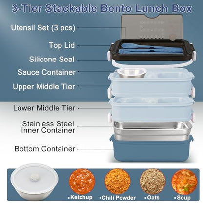 3-Tier Lunch Box for Men, Adult Lunch Box with Insulated Lunch Bag | 60 fl oz Large Capacity Bento Box with BPA-Free Utensils & Sauce Container, Leakproof, Microwave Safe for Work & Meal Prep - color: Blue(3-Tiers)