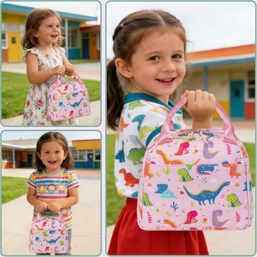 CAMTOP Girls Lunch Box Kids Insulated Lunch Bag Kids Cute Lunchbox for Girls Loncheras Para Niñas - color: Pink Dinosaur
