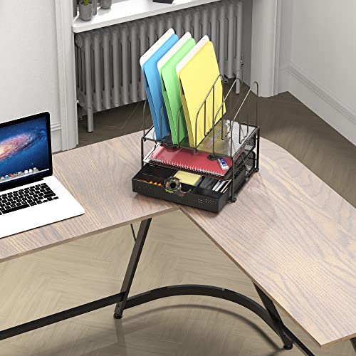 Deco Brothers Mesh Desk Organizer with Double Tray, 5 Upright Sections and Sliding Drawer, Black | Sliding Drawer with Adjustable Dividers, Black - color: Black