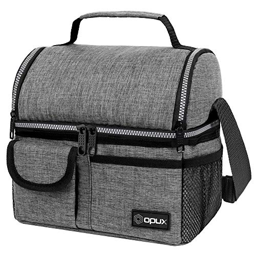 opux Insulated Lunch Bag Women Men, Dual Compartment Leakproof Lunch Box Adults Kids, Double Decker Meal Prep Bento Lunch Cooler Tote with Shoulder Strap for Work Office School Travel, Gray - color: Heather Gray