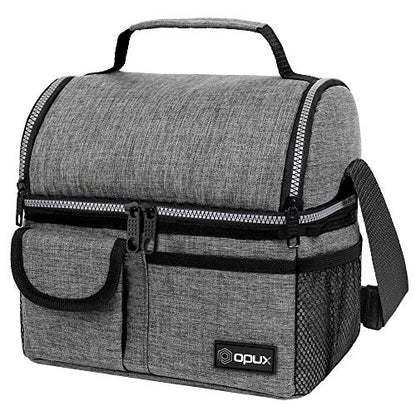 opux Insulated Lunch Bag Women Men, Dual Compartment Leakproof Lunch Box Adults Kids, Double Decker Meal Prep Bento Lunch Cooler Tote with Shoulder Strap for Work Office School Travel, Gray - color: Heather Gray