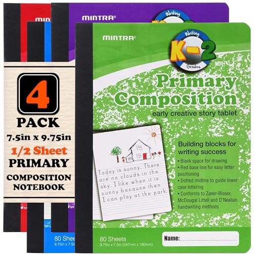 Mintra Primary Composition Notebook, 4 Pack, Assorted Colors 80 Sheets, 7.5in x 9.75in, 1/2 Sheet, Ruled with Drawing Area, Flexible Hardcover Journal, Grades K-2, School & Home Use - color: Primary Ruled - Assorted, size: 4 Pack