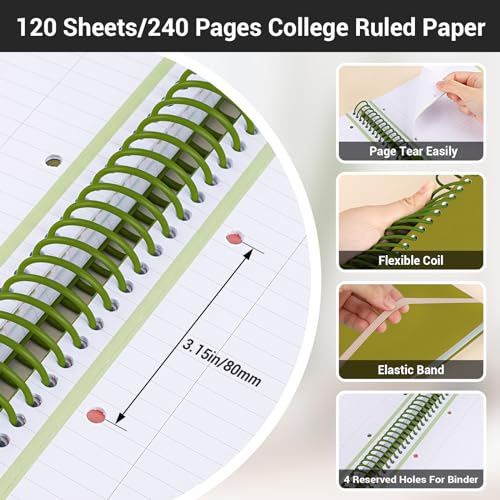 EUSOAR College Ruled Notebook, Large A4 9.25" x 11.7" Lined 3 Subject Spiral Notebook with Pockets, Cute Women Journal Notebook 240 Pages 90gsm Thick Paper Notebook for Office School Supplies-Green - color: Green, style: A4 Lined