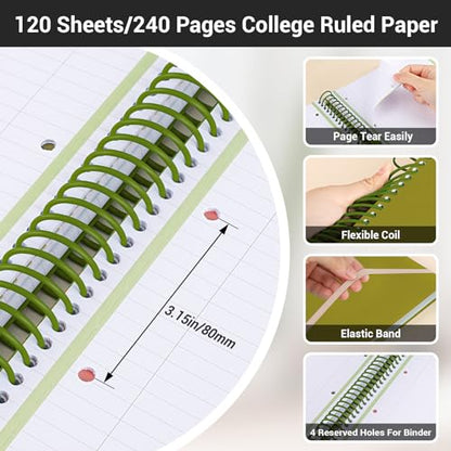 EUSOAR College Ruled Notebook, Large A4 9.25" x 11.7" Lined 3 Subject Spiral Notebook with Pockets, Cute Women Journal Notebook 240 Pages 90gsm Thick Paper Notebook for Office School Supplies-Green - color: Green, style: A4 Lined