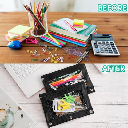 Marspark 30 Packs Pencil Pouch 3 Ring Binder Pen Pouch Cloth Pencil Pouches Zipper Pen Case Bag with Clear Window for School Office Writing Supplies Gifts(Black) - color: Black