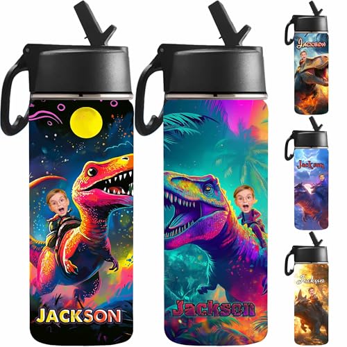 Custom Water Bottle for Kids, Personalized Dinosaur Water Bottle Stainless Steel Water Cup with Photo for Boys - color: Color_12