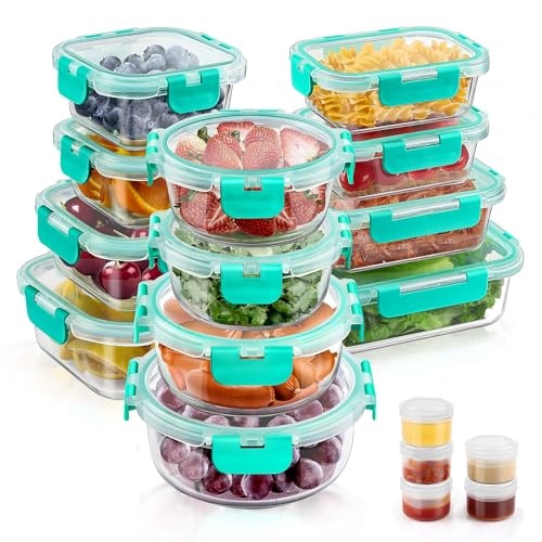34pcs Glass Food Storage Containers with Lids Set, Airtight Glass Meal Prep Containers (17 Containers & 17 Lids), Leak Proof Lunch Container BPA-Free, Microwave, Oven, Freezer, Dishwasher Safe-Green - color: Green
