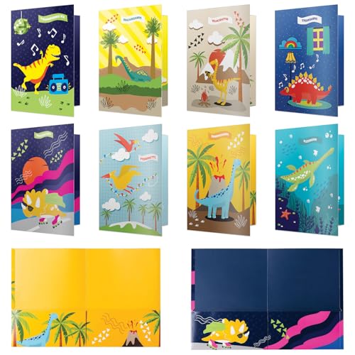 8 School Folders - Cute Pocket Folders with 8 Unique Dinosaur Designs in Front, Back Cover and Inside - Kids Pocket Folders - Homework Folders - Dinosaur Folders - 12 x 9.25 Inches (Pack of 8) - style: Dinosaur