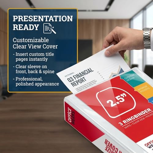 3 Ring Binder, 2.5" Professional Angle D-Rings, Presentation Folder for Standard Pages with Inside Pockets, Customizable Clear View White Binder (3.2" Spine)