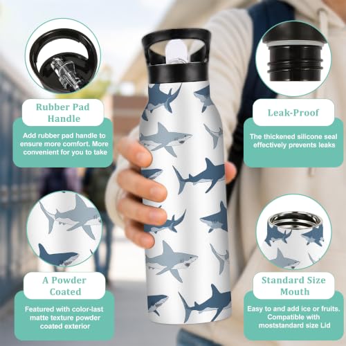 Insulated Water Bottle,Sharks 20 oz Stainless Steel Water Bottles with Straw Lid,Wild Fish Leak Resistant Double Insulated Flask with Handle,Fits Cup Holder,Keeps Drinks Cold - color: Sharks,Wild Fish