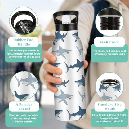 Insulated Water Bottle,Sharks 20 oz Stainless Steel Water Bottles with Straw Lid,Wild Fish Leak Resistant Double Insulated Flask with Handle,Fits Cup Holder,Keeps Drinks Cold - color: Sharks,Wild Fish