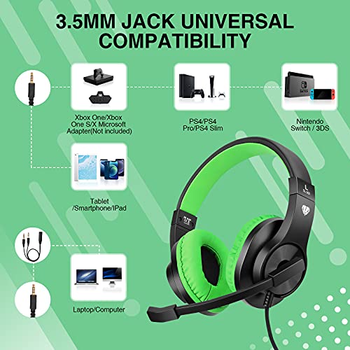 BlueFire Kids Headphones for Online School, Children, Teens, Boys, Girls, 3.5mm Stereo Over-Ear Gaming Headphone with Microphone and Volume Control for PS4, PS5, New Xbox One - color: Green